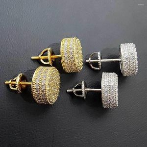 Dangle Küpeler Hip Hop 1PAIR MICRO Yuvarlak Bling Zirkon CZ Taş Buzlu Çıkış Çıkma Küpe Silindirik Vidalı Geri Bakır Erkek Takı