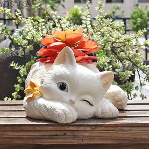 Planters Pots Cute Animal White Cat Bonsai Flower Pot Ceramics Succulent Plant Poted Balcony Potted Garden Home Vase Micro Landscape Decor YQ231117