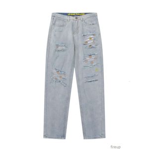 Designer Freizeithose Herrenhose Jogginghose Drew Trendy Smiley Face Patch Zerrissene Jeans Ouyang Nana Passende High Street Locker sitzende Herren Damen Gerade Le