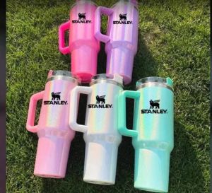 1pcs Stanley 40oz Giltter Sublimation Tumbler Cups With Handle Lids And Straw Rainbow Insulated Stainless Steel Car Mugs Keep Drink Cold Water Cups With logo AG04