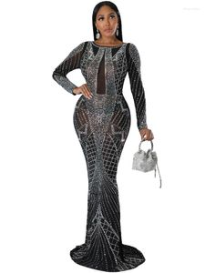 Ethnic Clothing Long African Dresses For Women With Diamond O Neck Full Sleeve Robe Fashion See Through Sexy Clubwear Dress Vestidos