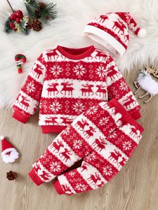 Rompers Winter Baby Flannel Suit Boys Długie płaszcz i spodnie Trzyczęściowe świąteczne styl przytulny ciepły 231117