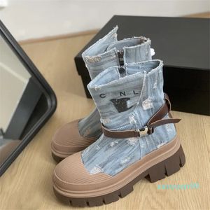 Designer Doppia lettera C designer Donna Denim Blue Canvas Stivaletti alti Scarpe con plateau Tacco in vera pelle Autunno inverno Stivaletti da cowboy con scatola