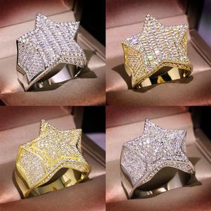 Męskie Złote Pierścień Kamienie Losowane pięcioramienna gwiazda moda Hip Hop Silver Pierścienia Biżuteria 3008
