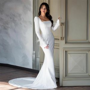 Casual Mermaid Wedding Dress for Women 2024 Bride Square Neck Beaded Feather Crepe Simple Bridal Gowns Robe de Mariee Vestidos De Novia