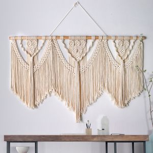 Tapestries Large Macrame Wall Hanging Tapestry with Wooden Stick Hand-Woven Bohemia Tassel Curtain Tapestry Wedding Backgrou Boho Decor 230414