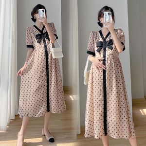 Moderskapsklänningar 8927# Summer Korean Fashion Dot Printed Maternity Long Dress Elegant Chic Ins A Line Slim Clothes for Pregnant Women Pregrancy 230417