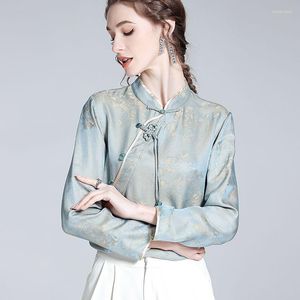 Kvinnors blusar 1st Kvinnors toppar 2023 Spring Silk Satin Fabric Jacquard Splicing Chinese Style Primer Shirt Ladies Skinny Shirts Girls