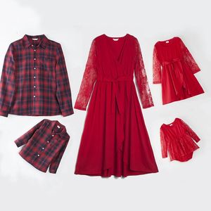 Family Matching Outfits Red Christmas Family Matching Outfits Lace Long Sleeve Mother and Daughter Party Long Dress Dad Son Plaid Blouse Baby Bodysuit 231117