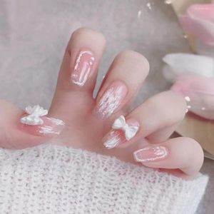 False Nails Girly Pink And White Bow Mid-length Products Reusable Adhesive Fake Nail Supplies Glue Press Things Full Cover Tips