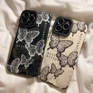 Moda Retro Butterfly Leather iPhone Caso para iPhone 14 Pro Max 13 12 11 XS XR 7 8 Plus Luxury Soft Silicone Chofsoop Topa à prova de choque