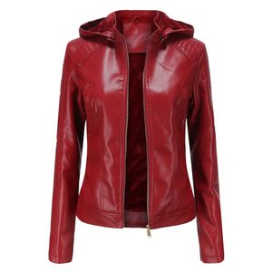 Women's Leather Faux Leather Winter Black Fleece Hooded Leather Jacket Women's Fashionable Trim Motorcycle Women Coat Zipper Switch Tops Red Khaki Grey 231117