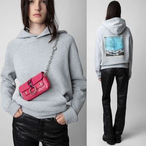 Zadig voltaire fleece kvinnor huva tröja bak bil vit bläck digital tryck heta diamant hoodies designer varma tröjor