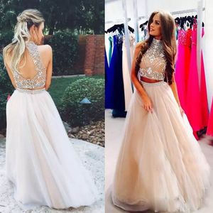 major beading formal high collar prom dresses elegant pageant pink high neck prom gown beaded two pieces party woman dress wear