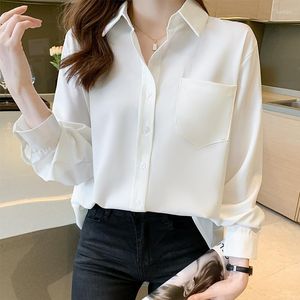 Kvinnors blusar vita kvinnor och toppar 2023 mode avvisar krage långärmad elegant casual office work lady shirt