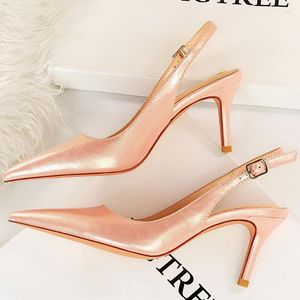 Sandaler 2023 Summer Women 7cm High Heels Slingback Silver Yellow Pink Stiletto Pumps Party Dress Wedding Shoes Plus Size