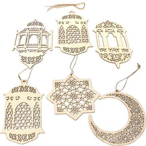LED -strängar Eid Mubarak Wood Pendant Star Lantern Moon Hängande ornament med String Ramadan Plaque Sign Islam Muslim Kareem Home Decor P230414