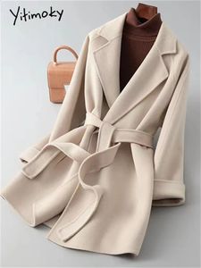 Misto lana da donna Yitimoky Giacca autunno-inverno per le donne Moda coreana Solido Manica lunga Cappotti casual oversize Donna Lace Up 231116