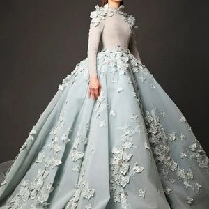 أزياء Elie Saab Prom Dress 2024 High Neck Highpiques 3D Flowers Long Sleeves Women Asevenical Party Party Donger