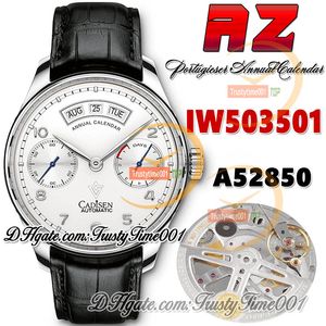 AZF az503501 Calendário anual Reserva de energia Relógio masculino A52850 Mostrador branco automático Marcadores de algarismos arábicos Pulseira de couro Super Edition trustytime001Relógios