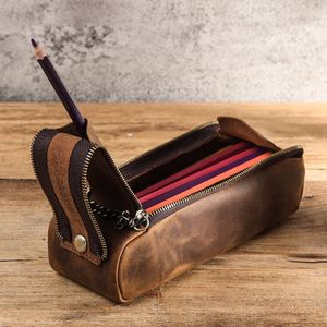 Blyertspåsar Vintage Horsskin Pencil Case 100% Handmade dubbeldragare Klassisk Dålig Pen Bag Pen Bycil Organizer Student Office Stationery 230417