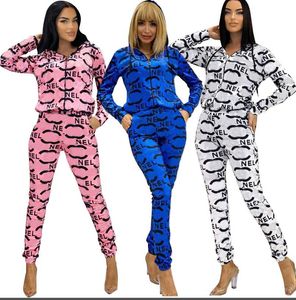 Autumn New Women's Tracksuits Designer Fashion Full C Printed Jogging Pants Lång ärm Huven Dragkedja Jackor Sport Set Ladies 2pcs Outfit kläder