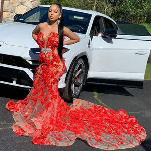 Vermelho feito à mão flores vestidos de baile varredura trem tule sereia exclusivo plus size árabe vestidos de noite nigeriano rendas estilos vestido vestido de formatura