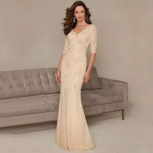 Custom Lace Long Mãe da Noiva Vestidos 2024 Plus Size com Meia Mangas Beaed Lantejoulas Querida Sereia Vestidos de Noite Formais