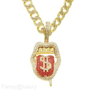 Decorazione rap hip-hop Diamante pieno Ciondolo tridimensionale con lingua di dollaro Trendsetter Esagerato COLLANA A CATENA CUBANA Collane con medaglione Gioielli Druzy