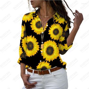 Women's Blouses Spring And Autumn 2023 Fashion Sunflower 3D Print Shirt Button Polo Long Sleeve Top Women's Rural Girl Style Cardigan