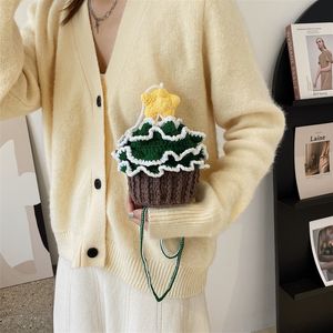 Bolsa crossbody mini saco de malha em forma de árvore de natal cupcake saco de bolo de árvore de natal outono novo crochê tricô saco de lã moda casual bonito pequeno balde saco