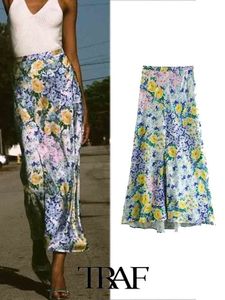 Skirts TRAF Women Fashion Design Floral Printed Silk Satin Drape Midi Skirt Female Side Waist Zipper Skirts Mujer 230417