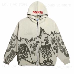 Erkek Hoodies Sweatshirtler Kayısı Anime Anime Kafatası Deseni Retro Sokak Giyim Büyük Boy Hoodie Kadın Y2K Gotik Punk Harajuku Japon Zip Sweatshirt Kadınlar T231117