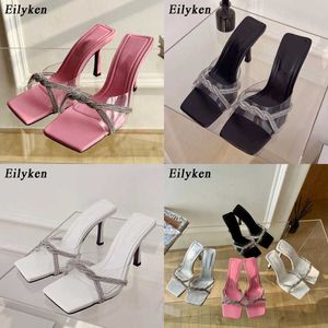 Sandali New Fashion Design Crystal Pvc Pantofola trasparente per le donne Summer Square Toe Ladies High Heel Dress Party Mules Slides 230316