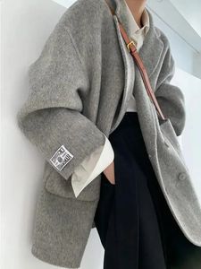 Женское зимнее серое кашемировое пальто из смесовой шерсти для тепла и утолщения, уличный стиль, модный корейский модный костюм с воротником-поло 231116
