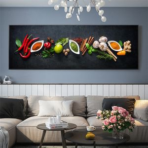 Decoração de arte de parede com tema de cozinha e tempero na mesa pinturas de lona alimentos ingredientes de cozinha de tela decoração de impressão artística