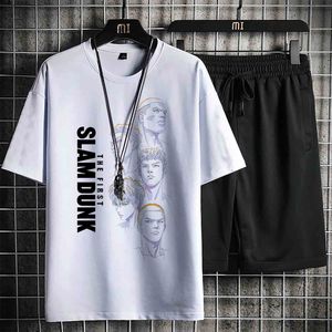 Fatos masculinos Slam Dunk Algodão Impresso Sportswear Terno T Shirt Shorts 2 Peça Japonês Anime Personagem Treino 230417