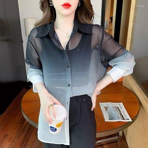 Women's Blouses Thin Gradient Color Sunscreen Chiffon Shirts Women's Clothing Sexy Perspective Long Sleeve Loose Ladies Tops And