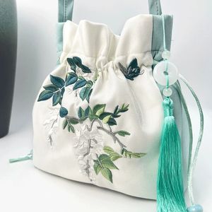 Sacos de noite estilo chinês retro flor bordado crossbody top-handle sacos mulheres ombro laço cordão balde saco moeda bolsas bolsas 231117