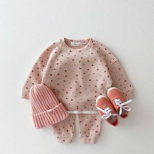 Set di abbigliamento Set di vestiti per bambini Primavera Autunno Bambino Bambini Maglione waffle Abito casual Morbido Ragazze Floreali 2 pezzi Abiti di moda