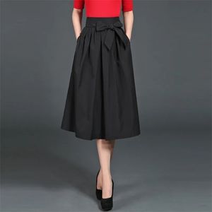 Kjolar plus storlek elastisk hög midjebälte snörning bowknot midi kjol office lady svart veckad koreansk mode kjol elegant 230417