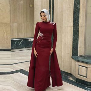 Bury Sheath Muslim Prom Dresses O Neck Long Sleeve Arabic Dubai Formal Party Gown Beaded Floor Length Vestidos De Fiesta 326 326