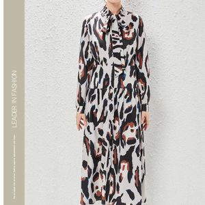 Lässige Kleider Frühling Herbst Flowy Print One Piece Midi Dress Strap Bow Leopard Robe Vestido