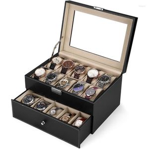 Jewelry Pouches Watch Box Organizer 20 Men Display Storage Case Metal Hinge Black PU Leather Glass Top Large Holder