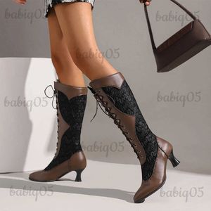 Boots BONJOMARISA INS Hot Sale Vintage Lace Cowgirls Luxury Women Boots Lace Up Autumn Casual Party Dress Cosplay High Heels Shoes T231117