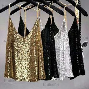 Kvinnors tankar camis sexig klubbmetallkedjor paljetter halter camisole kvinnor mini pärltank lös rygglös guld metalliska glänsande remmar Vest Party Tops T230417