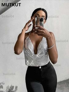 Canotte da donna Camis Estate Paillettes in metallo Taglio basso Crop Top Donna Sexy Struttura in metallo lucido Suspender Club Backless Bralette Canotta Canotta T230417