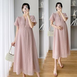 Moderskapsklänningar 8237# Summer Korean Fashion Maternity Long Dress Elegant A Line Loose Clothes For Pregnant Women Ins Pregnency Postpartum 230417