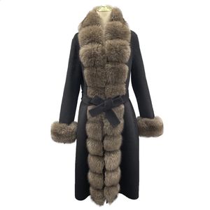 レディースウールブレンドJanefur Winter Long Cashmere Coat with Real Fur Trim 2023 Fashion Luxury Belted Natural 231116