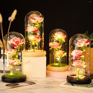 Dekorativa blommor Eternal Rose Glass Cover Flower Träbasprydnader Dome 3 Mors Valentine's Day Gift LED -ljus